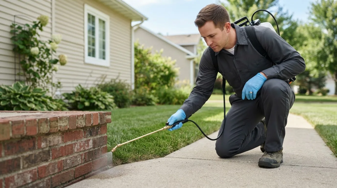Pest control technician treating a home near Tennille, GA